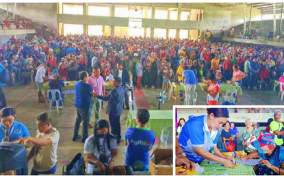 CASH AID. Thousands of rice farmers flock to the gymnasium of Tulunan, North Cotabato, on Friday (May 3, 2024) for the payout of the Rice Competitiveness Enhancement Fund-Rice Farmers Financial Assistance amounting to PHP5,000 each. A senior female farmer in the town (inset) fills out the form for the release of her cash grant. (Photo courtesy of OPAg)